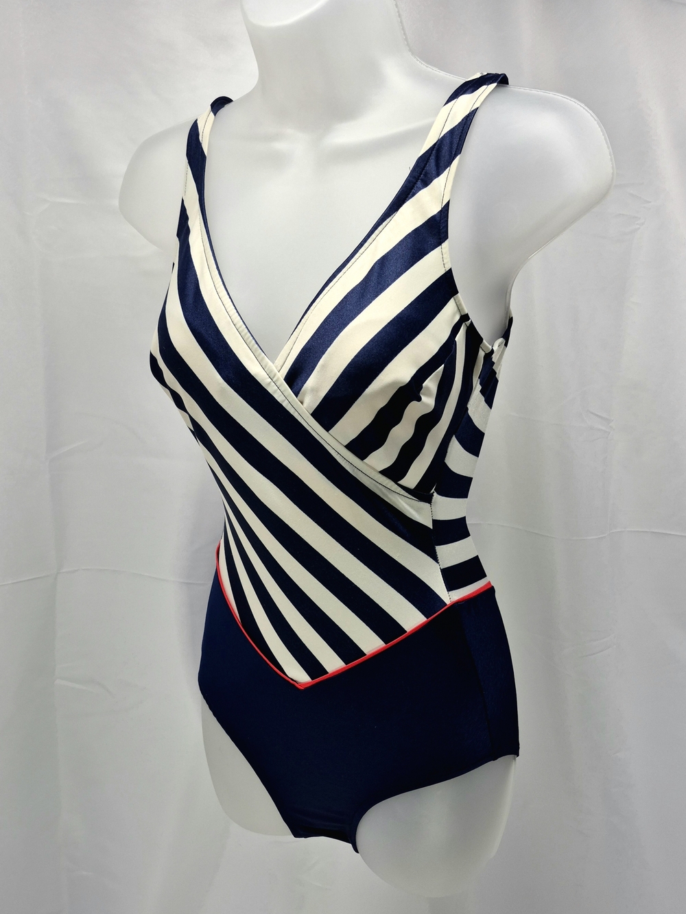 NWOT Sirena Vintage Retro Nautical One Piece Swimsuit Striped Navy Blue White